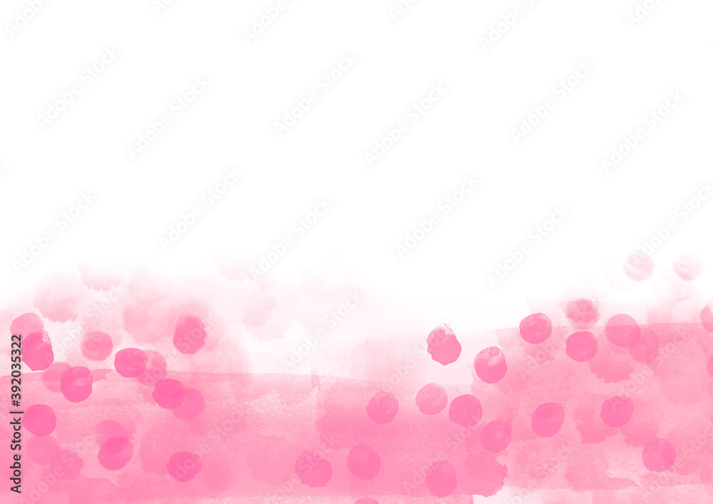 ピンクの手描き、水彩風の水玉をあしらった背景素材　コピースペースあり