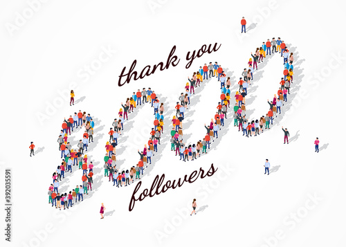 8K Followers. Group of business people are gathered together in the shape of 8000 word, for web page, banner, presentation, social media, Crowd of little people. Teamwork. Vector illustration