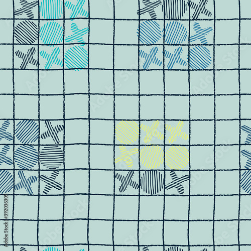 Seamless checkered pattern. Tic-tac-toe, or noughts and crosses, game concept. Blue hand drawn plaid background for surface design and other design projects