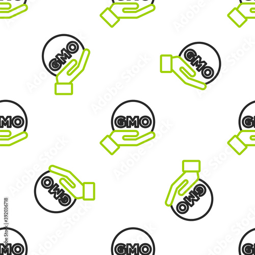 Line GMO icon isolated seamless pattern on white background. Genetically modified organism acronym. Dna food modification. Vector.