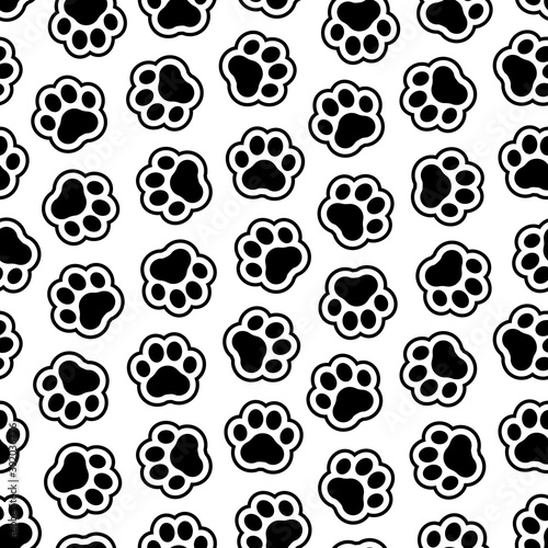 Footprints seamless pattern. Pet prints. Paw cute background for pets dog, cat. Foot puppy. Black shape pawprints. Footprint. Animal track. Trace dogs, cats. Pawprint. Design walk for print. Vector