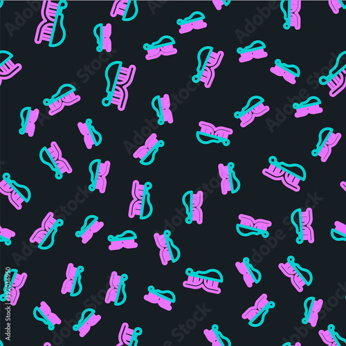 Line Genetically modified chicken icon isolated seamless pattern on black background. Syringe being injected to chicken. Vector.