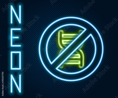 Glowing neon line Stop GMO icon isolated on black background. Genetically modified organism acronym. Dna food modification. Colorful outline concept. Vector.