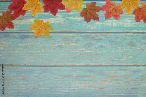 Artificial maple leaves in autumn on vintage wooden background as wallpaper with copy space, Maple leaves in winter season, Frame, Backdrop, Top view 