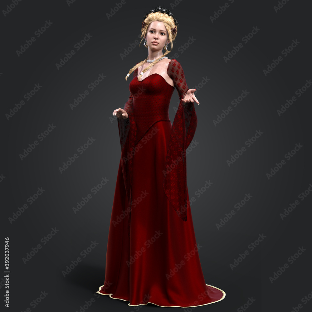 3D Rendering Illustration of Fantasy Woman Queen with Pale Skin and Light Blonde Hair in Red Floor Length Gown with Detached Sleeves Holding Hand Out Isolated on Dark Background