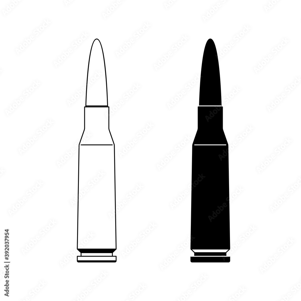 Assault rifle cartridge. Automatic cartridge. Case and bullet. Linear drawing. Silhouette. Rifle. Vector illustration. Assault rifle cartridge. Automatic cartridge. Case and bullet. Linear drawing. Silhouette. Rifle. Vector illustration.