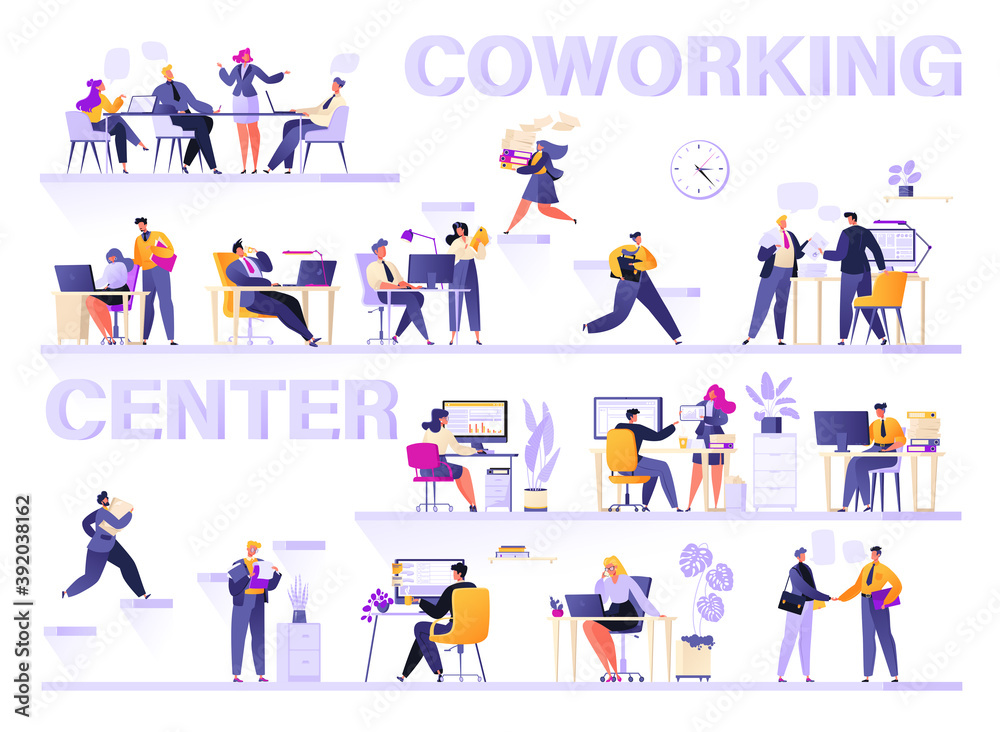 Office space for coworking. Flat cartoon characters work on laptops and computers, rush to meetings, make calls, carry documents and contracts. Business team collaboration, interviews and conferences 