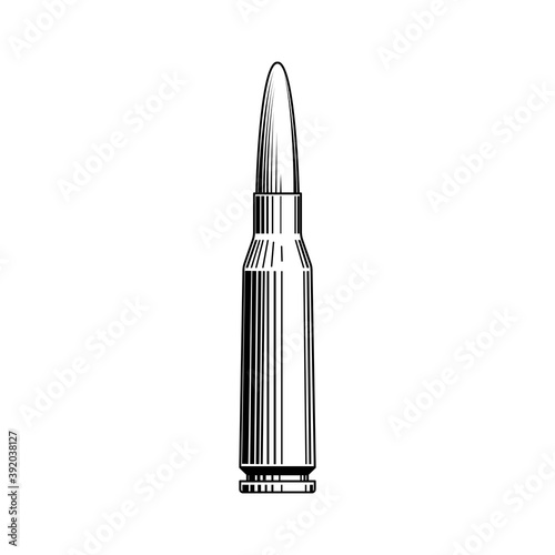 Automatic rifle cartridge. Kalashnikov assault rifle cross-hatched pattern. Black and white drawing isolated on a white background. Vector illustration.