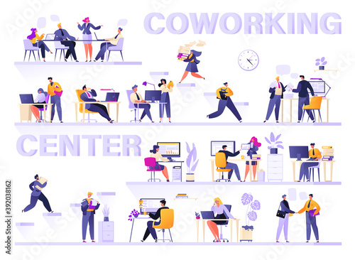 Office space for coworking. Flat cartoon characters work on laptops and computers, rush to meetings, make calls, carry documents and contracts. Business team collaboration, interviews and conferences 