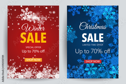 winter and Christmas sale with snow and template background
