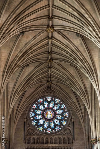 Large stained glass window inside Bristol Cathedral  England. Interior vault of Bristol Cathedral 2