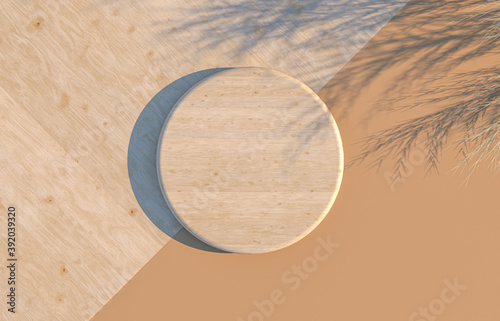 Fototapeta Naklejka Na Ścianę i Meble -  Empty round wood for product display. Flat lay. Top view. 3d render.
