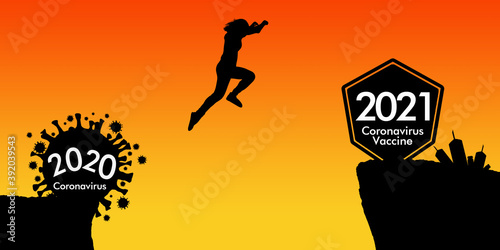 Silhouette woman jumping from 2020 cliff to 2021 cliff on sunrise time