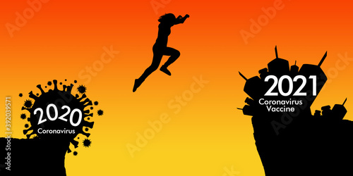 Silhouette woman jumping from 2020 cliff to 2021 cliff on sunrise time.