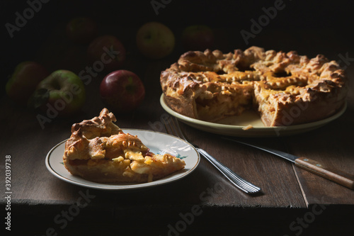 Rustic still life with apple pie photo