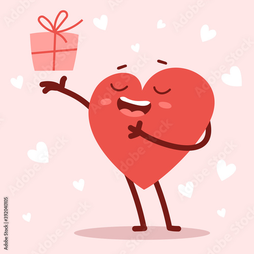Vector red cute happy heart character giving a present with smile on pink background. Romantic flat style design Valentine's Day illustration