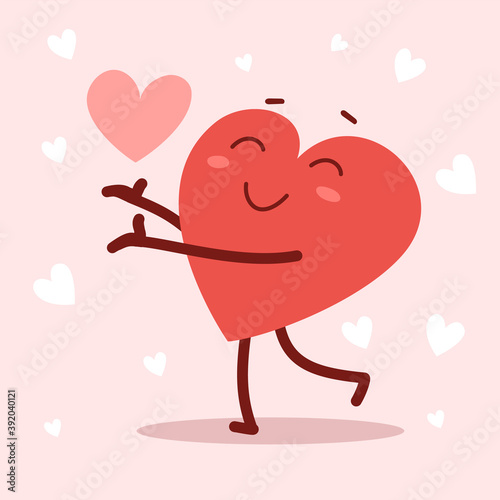 Vector red cute happy heart character shares a heart with smile on pink background. Romantic flat style design Valentine's Day illustration