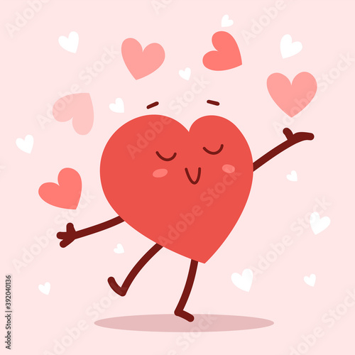 Vector red cute happy heart character juggles hearts with smile on pink background. Romantic flat style design Valentine's Day illustration