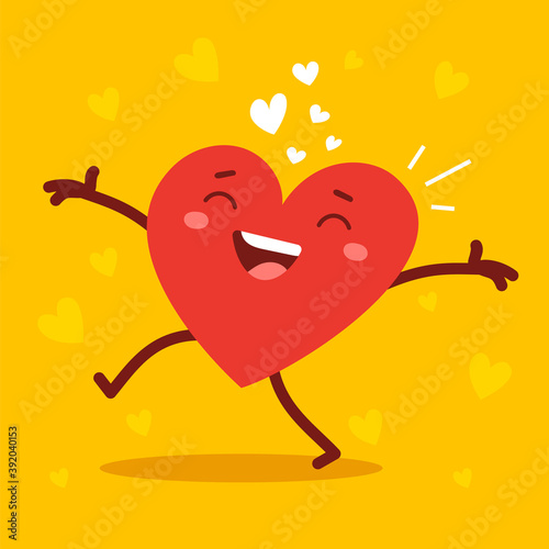 Vector red cute happy heart character with arms spread wide and smile on yellow background. Romantic flat style Valentine's Day illustration