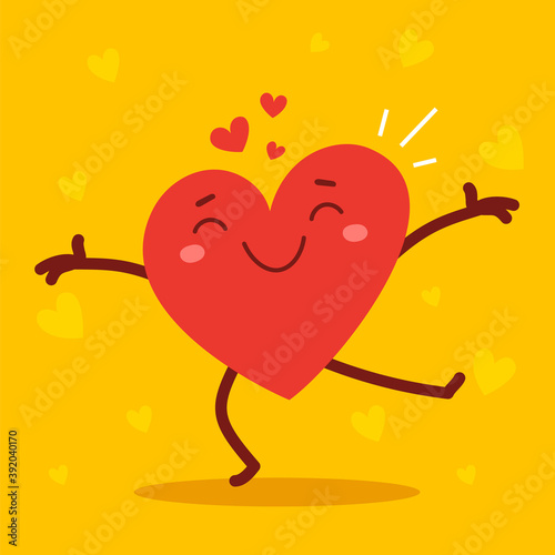 Romantic flat style Valentine's Day illustration to share feeling of love. Vector red cute happy heart character with arms spread wide and smile