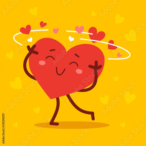 Vector red cute happy heart character dizzy with love with smile on yellow background. Romantic flat style design Valentine's Day illustration