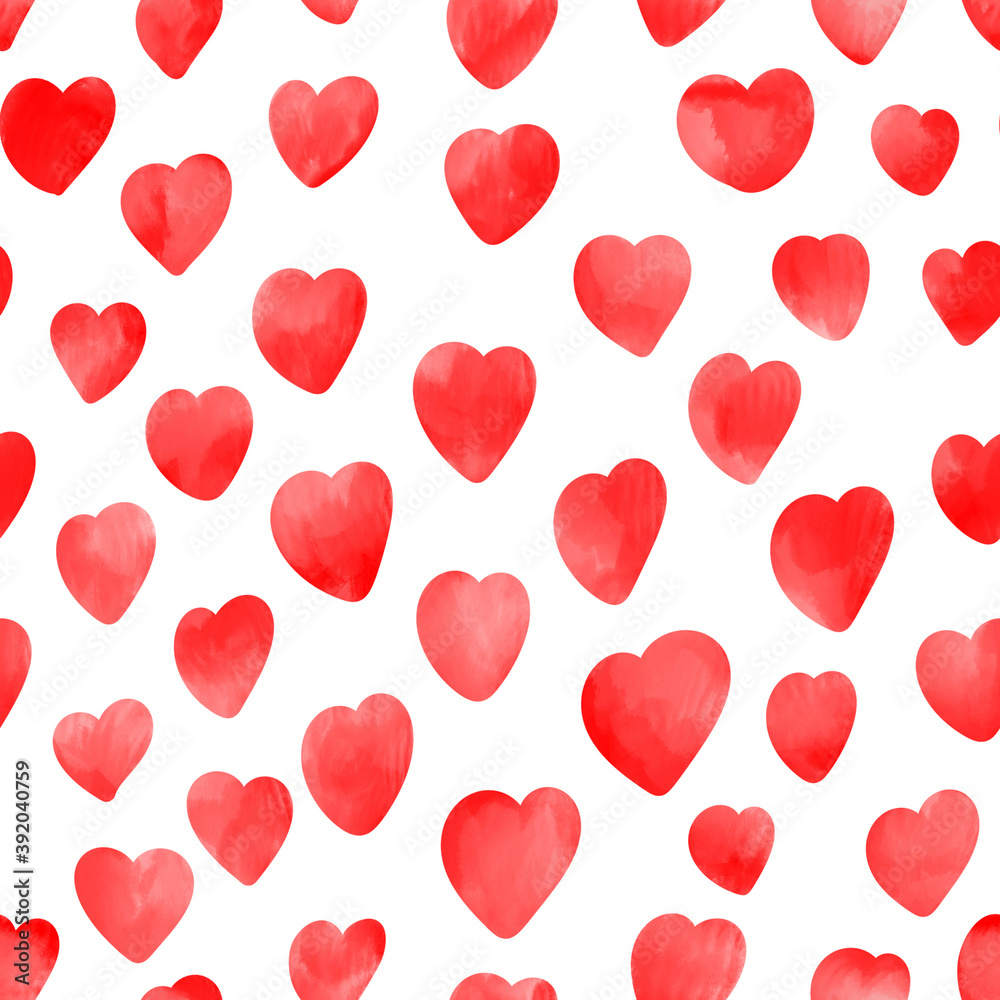 Hearts pattern. Seamless texture or background. Drawings of watercolor red hearts on a white backdrop.