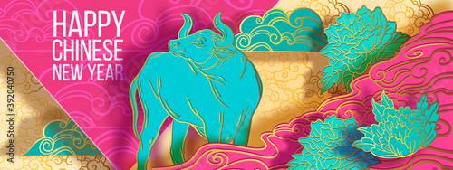 Chinese 2021 new lunar year vector postcard with bull, waves, clouds in pink and blue. Festive holiday oriental background with symbol of the new year. Paper cut illustration