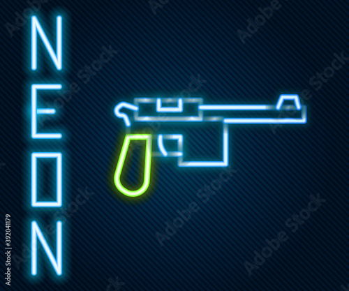 Glowing neon line Mauser gun icon isolated on black background. Mauser C96 is a semi-automatic pistol. Colorful outline concept. Vector.