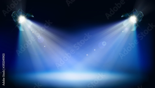 Stage illuminated by two theatre spotlights during the show. Blue background. Place for the exhibition. Vector illustration.