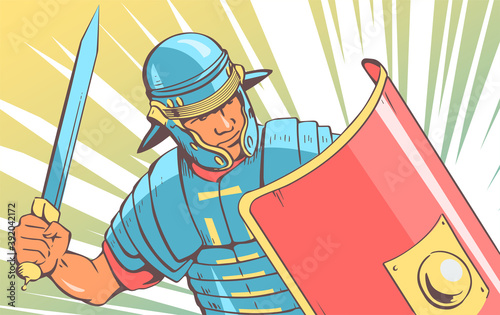 Roman soldier legionnaire in battle. In the hands of a sword and a red shield. Dressed in iron armor. Vector illustration in pop art style.