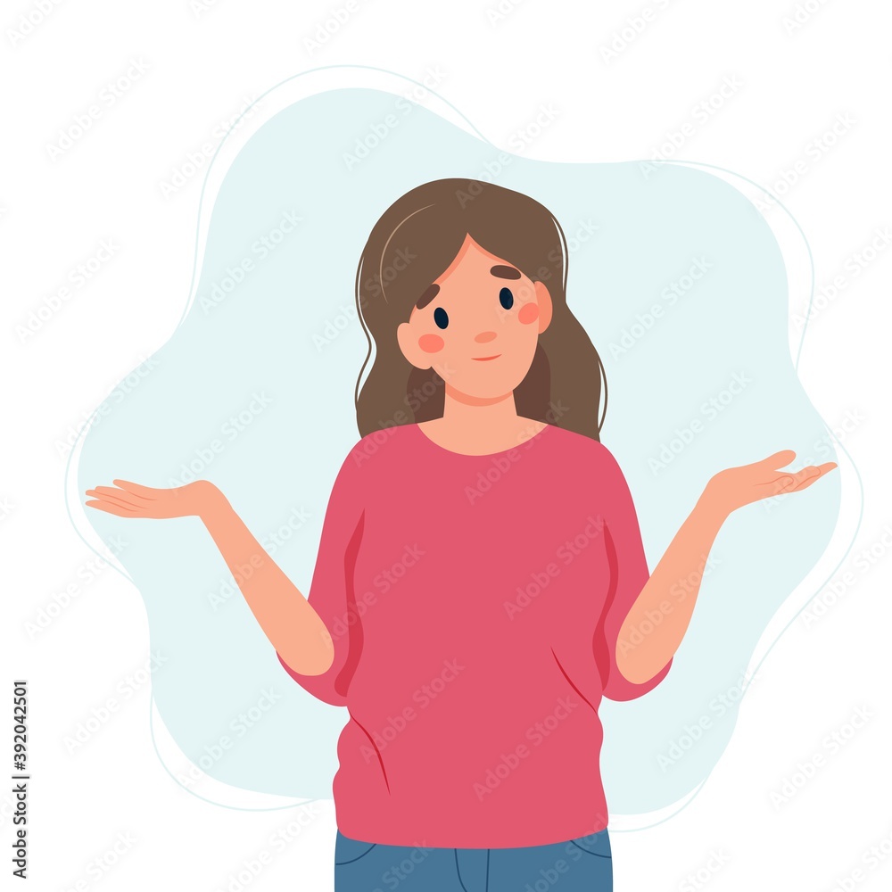 Woman shrugging with a curious expression, doubt or question, vector illustration in flat style Woman shrugging with a curious expression, doubt or question, vector illustration in flat style