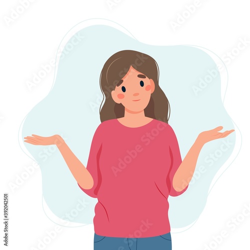 Quadro em tela Woman shrugging with a curious expression, doubt or question, vector illustratio