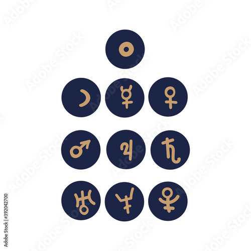 Astrological symbols of planets. These icons are used in astrology, natal maps. Vector highlights cover icon set for social media stories. Hand drawn round templates for contemporary bloggers.