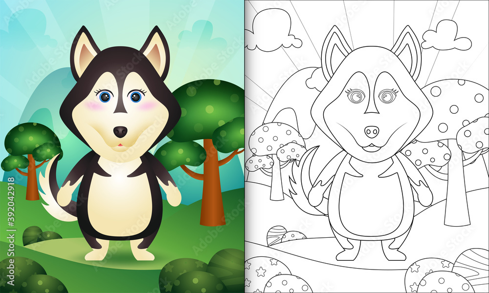 Naklejka premium coloring book for kids with a cute husky dog character illustration