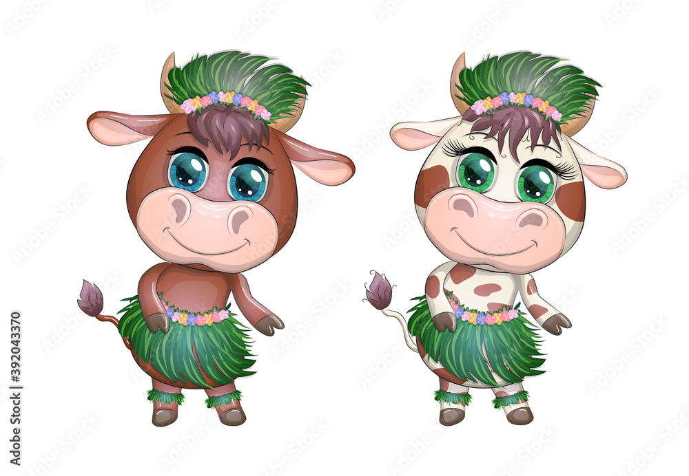 A pair of cute cartoon bull and cow with beautiful eyes is the character of  a Hawaiian hula dancer among leaves Stock Vector | Adobe Stock