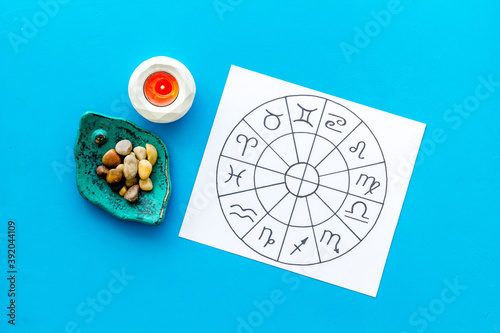 Tablou pe pânză Horoscope wheel of zodiac symbols on work place