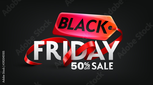 Black Friday 50% off Sale Poster for Retail,Shopping or Promotion with red ribbon and sales tag on black backgrounds.Black Friday banner template design.Vector illustration eps 10