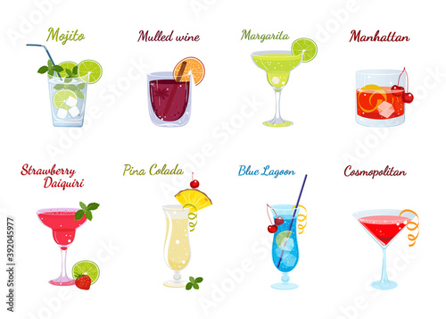 Vector set of popular alcoholic cocktails isolated on a white background. Cocktail menu. Mojito, mulled wine and margarita