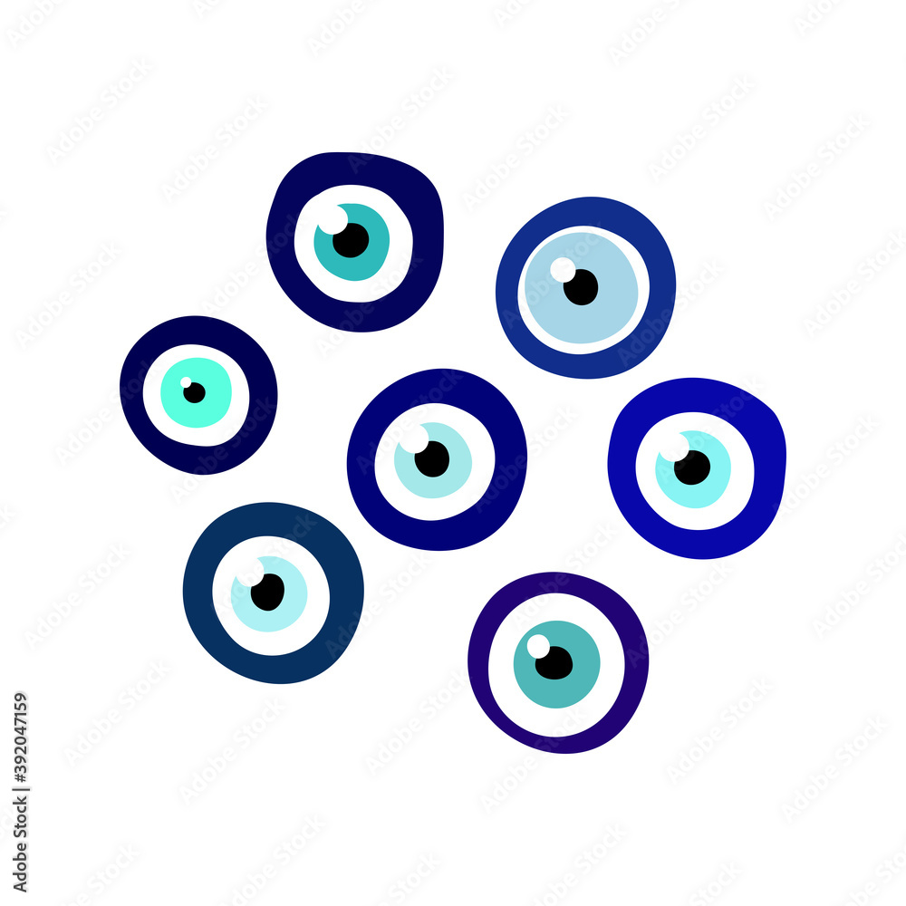 Nazar Boncugu amulet blue eye set. Turkish, Greece, arabian Talisman isolated on white background. Fatima Eye protection symbol. Magic flat round sign. Different Glass evil eye vector illustration Nazar Boncugu amulet blue eye set. Turkish, Greece, arabian Talisman isolated on white background. Fatima Eye protection symbol. Magic flat round sign. Different Glass evil eye vector illustration
