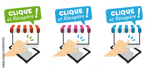Click and collect, clique et récupère, vente en ligne.
