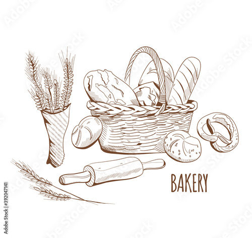 Bread and bakery in engraving style. Ears of wheat and a wicker basket with buns,french loaves,baguette.Menu decoration,farmers market.Equipment for cooking.Bundle of Pastry retro monochrome sketches.