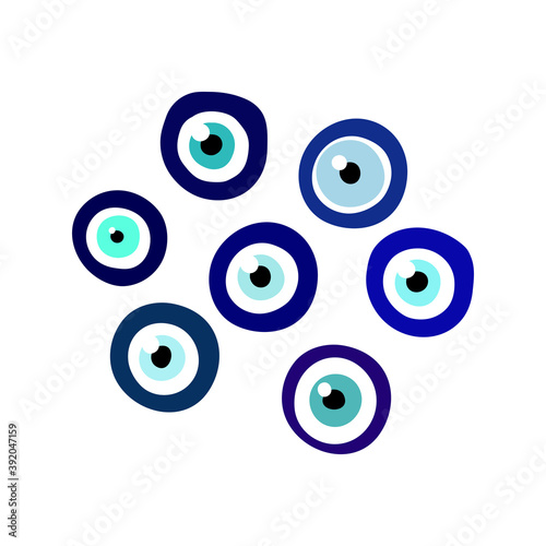 Nazar Boncugu amulet blue eye set. Turkish, Greece, arabian Talisman isolated on white background. Fatima Eye protection symbol. Magic flat round sign. Different Glass evil eye vector illustration