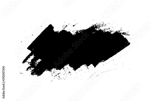 Black stain of paint brush with jagged edges isolated on white background. Hand drawn spot of paint, ink. Grunge dye splash. Copy space banner. Vector grain illustration for substrate, base, frame