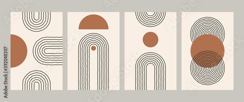 Abstract geometric posters. Mid century line art print for wall decor minimalist vintage painting set 50s style. Vector postcard illustration