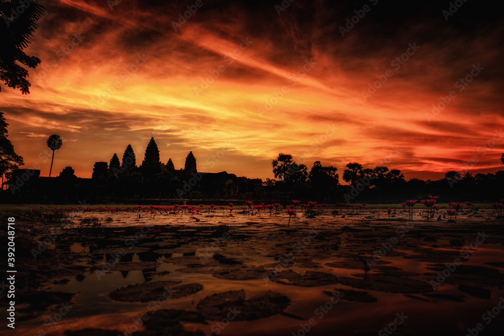Angkor Wat, Siem Reap, Cambodia. Sunrise from reflection pool showing 5