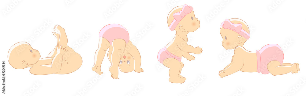 Set of vector illustrations with cute little newborn girl babies