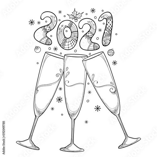 Three outline toasting champagne glasses with number 2021 in black isolated on white background