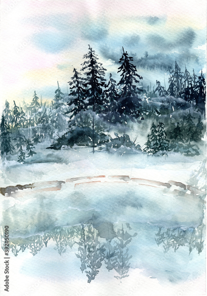 Watercolor illustration of a fir tree forest in early misty morning