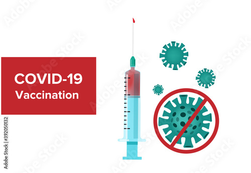 COVID-19 Virus Vaccine poster. A syringe with the vaccine. Injection, prevention, immunization, cure, and treatment for coronavirus infection, COVID-19 Virus. 