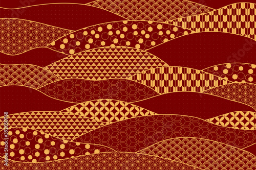 Traditional oriental patterns abstract background, gold on red. Oriental style vector illustration. Design concept for Chinese New Year, Mid autumn festival elegant minimal card, poster, banner.